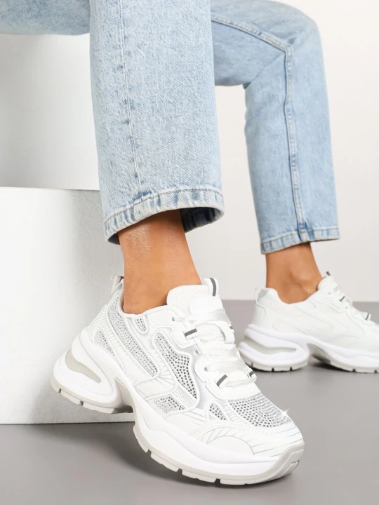 Zdjęcie produktu Białe Brokatowe Sneakersy w Streetwearowym Stylu na Piankowej Podeszwie Felindris
