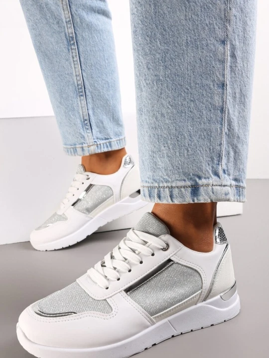 Zdjęcie produktu Białe Płaskie Sneakersy Sznurowane z Brokatowymi Wstawkami Raflia