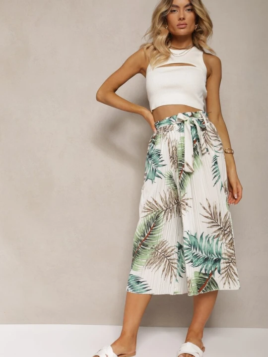 Zdjęcie produktu Biało-Zielone Plisowane Spodnie z Szerokimi Nogawkami High Waist z Gumką w Talii Alfia Airisa
