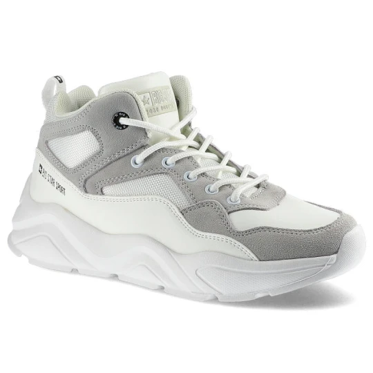 Zdjęcie produktu Sneakersy damskie Big Star, wykonane z połączenia materiału tekstylnego i syntetycznego z wysoką cholewką klasycznym sznurowaniem oraz grubą profilow biały