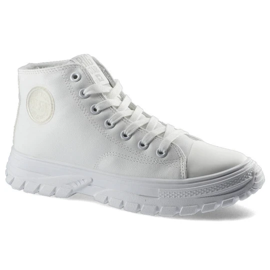 Zdjęcie produktu Sneakersy damskie Big Star, wykonane z materiału tekstylnego o wzmocnionej strukturze z wysoką cholewką klasycznym sznurowaniem gumowym noskiem, biał