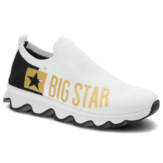 Zdjęcie produktu Sneakersy damskie Big Star, przewiewna cholewka z elastycznej dzianiny wsuwany fason bez sznurowania, biało-czarno-złote, JJ274A142