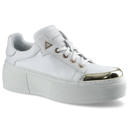 Zdjęcie produktu Sneakersy damskie Carinii, naturalna skóra licowa w białym kolorze z metalizowaną osłoną noska klasycznym sznurowaniem oraz grubą platformową podeszw