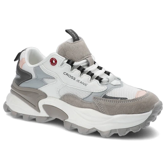 Zdjęcie produktu Sneakersy damskie Cross Jeans, z połączenia materiałów tekstylnych syntetycznych i zamszowych z łączoną cholewką o nowoczesnym designie, biało-szare