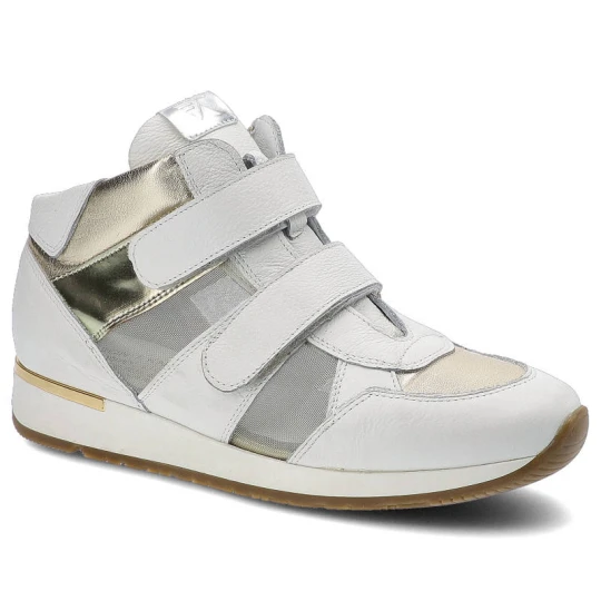 Zdjęcie produktu Sneakersy damskie Karino, skóra naturalna zapinana na rzepy, biało-złote, 1652-143-P