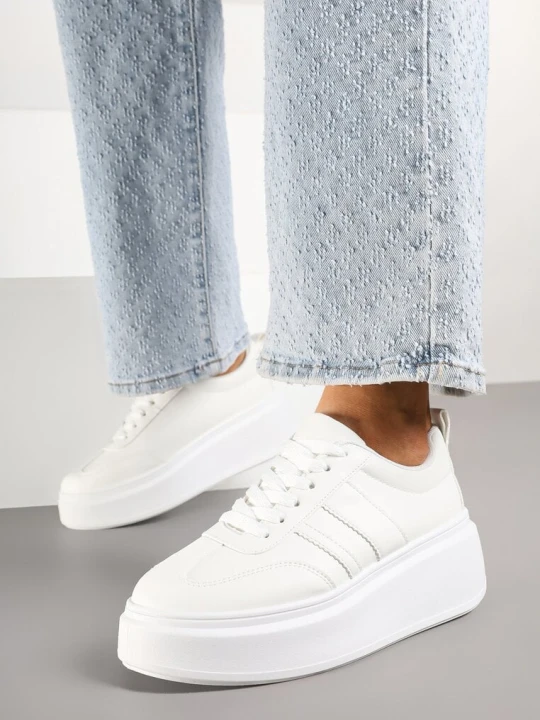 Zdjęcie produktu Białe Sneakersy Klasyczne Tenisówki na Grubej Podeszwie z Koturnem Adessia Ideal
