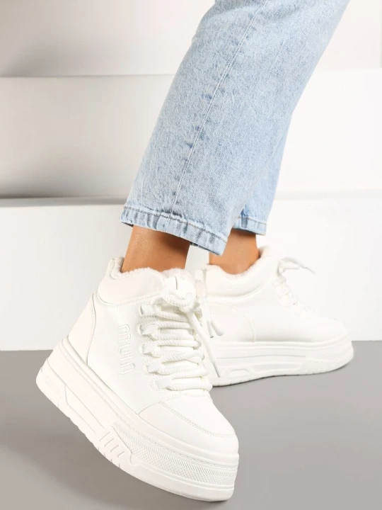 Zdjęcie produktu Białe Sneakersy na Grubej Podeszwie Mocno Ocieplane Futrem Leavinael Vices