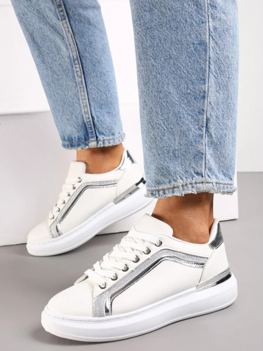 Zdjęcie produktu Białe Sneakersy na Grubej Podeszwie z Brokatem Veneli