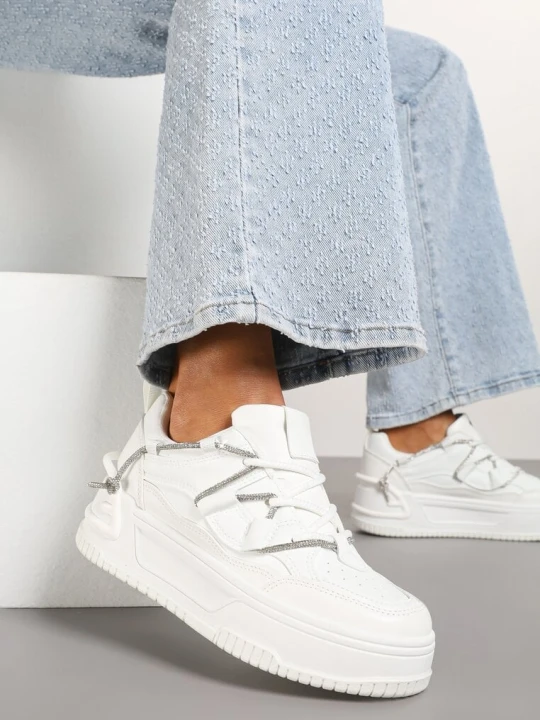 Zdjęcie produktu Białe Sneakersy na Grubej Podeszwie Zdobione Cyrkoniami Neothra