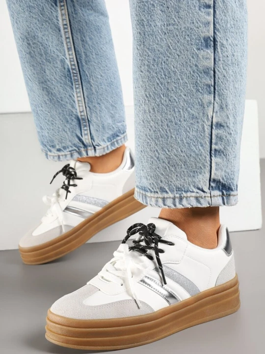 Zdjęcie produktu Białe Sneakersy na Kauczukowej Podeszwie z Brokatem Telisetia Be.Sport