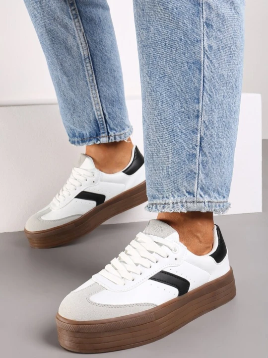 Zdjęcie produktu Białe Sneakersy na Niskiej Platformie z Ekozamszowymi Wstawkami Irisca