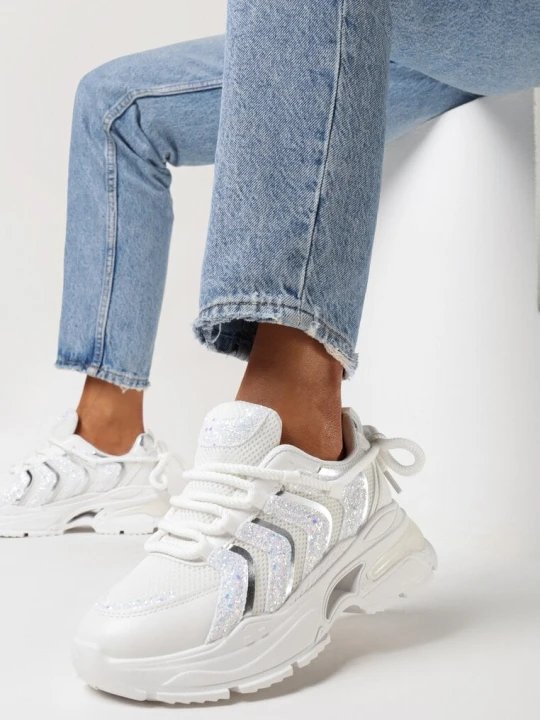 Zdjęcie produktu Białe Sneakersy na Platformie z Brokatowymi Wstawkami Flenai