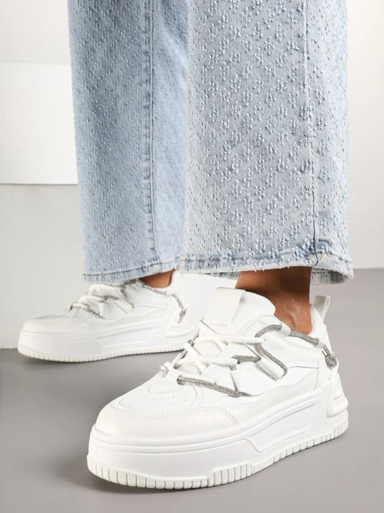 Zdjęcie produktu Białe Sneakersy na Platformie z Paskiem z Cyrkonii Aneolin