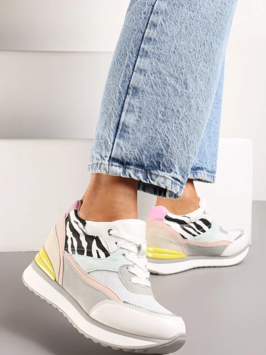 Zdjęcie produktu Białe Sneakersy na Ukrytym Niewysokim Koturnie z Brokatem Fioralan