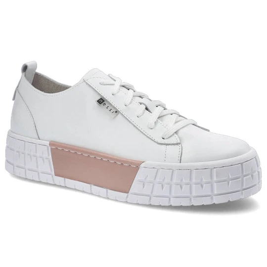 Zdjęcie produktu Sneakersy damskie Nessi, naturalna skóra licowa z gładką cholewką klasycznym sznurowaniem oraz grubą platformową podeszwą, biało-różowe, 21073