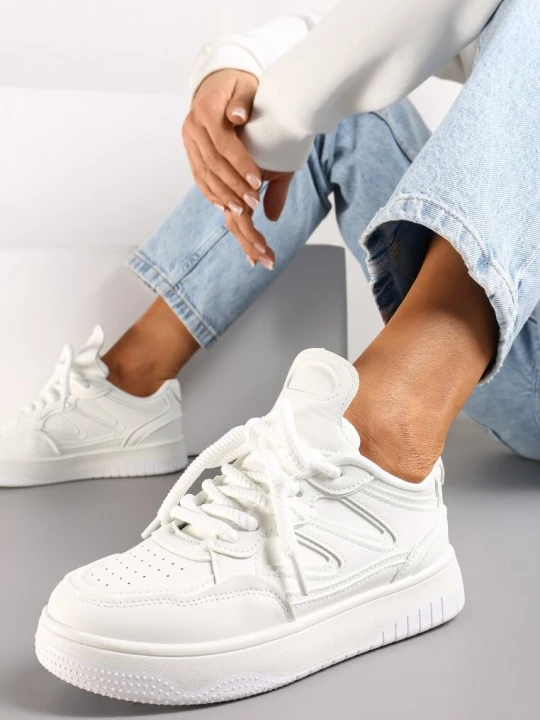 Zdjęcie produktu Białe Sneakersy przed Kostkę na Platformie z Wstawkami Losia
