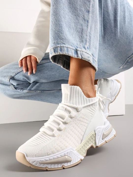 Zdjęcie produktu Białe Sneakersy Sportowe na Grubej Podeszwie ze Skarpetkową Cholewką Xille