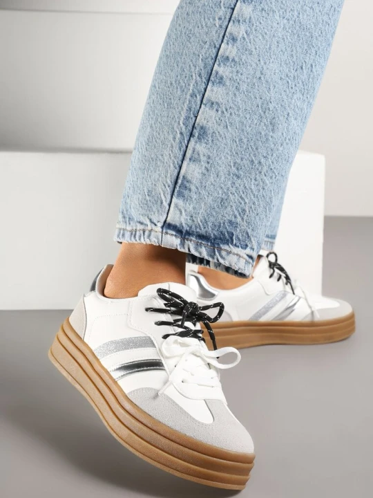 Zdjęcie produktu Białe Sneakersy w Stylu Tenisówek Ozdobione Brokatem Teladriena Be.Sport