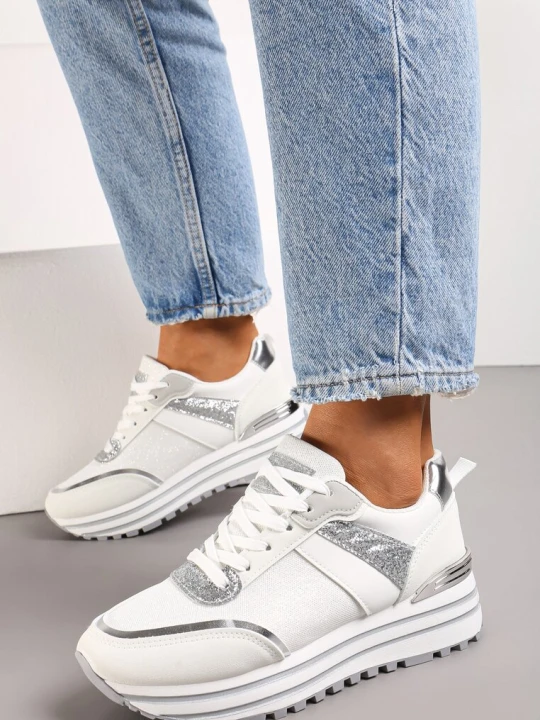Zdjęcie produktu Biało-Srebrne Sneakersy z Brokatem na Ozdobnej Grubej Podeszwie Rilveia