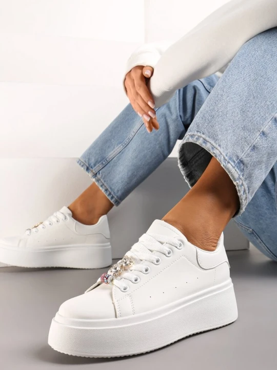 Zdjęcie produktu Białe Sneakersy z Cyrkoniami na Sznurówkach z Platformą Nomiji