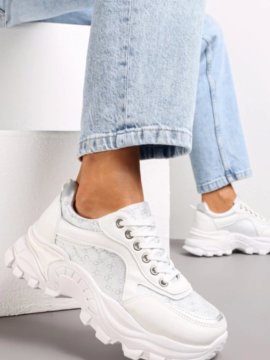 Zdjęcie produktu Białe Sneakersy z Metaliczną Nitką na Grubej Podeszwie Melimeda