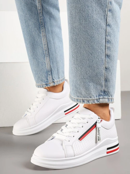 Zdjęcie produktu Białe Sneakersy z Ozdobnymi Napisami Suwakiem i Paskami Tosime Bellamila
