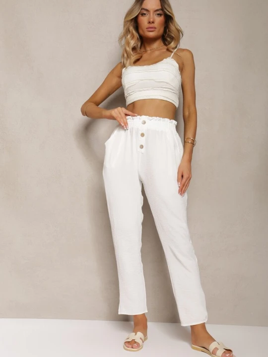 Zdjęcie produktu Białe Spodnie Typu Paper Bag High Waist z Gumką w Talii Salvavia Cflo