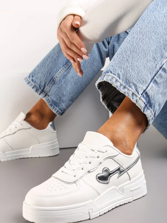 Zdjęcie produktu Białe Sznurowane Sneakersy na Grubej Podeszwie z Brokatowym Zdobieniem Anaieli