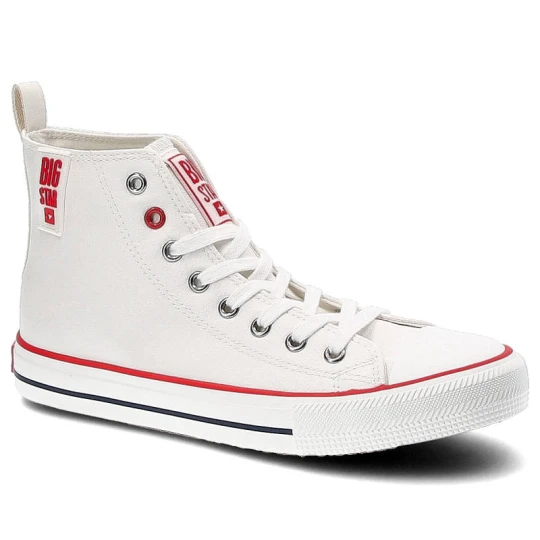 Zdjęcie produktu Trampki damskie Big Star, z syntetyczną cholewką klasycznym sznurowaniem na metalowych oczkach i wzmocnionym gumowym noskiem, białoczerwone, JJ274132