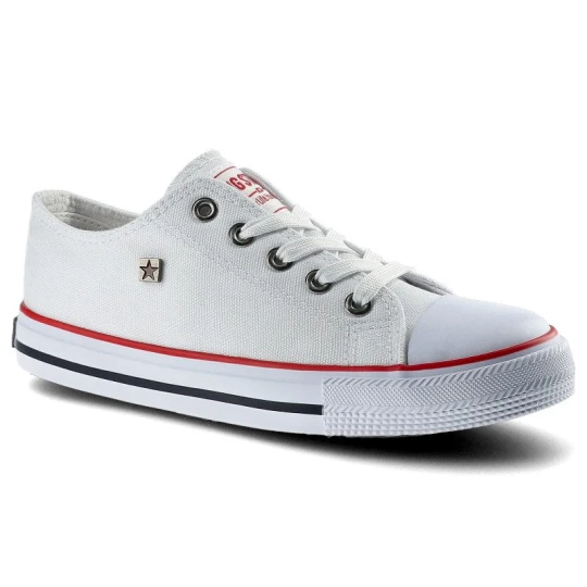 Zdjęcie produktu Trampki damskie Big Star, wykonane z materiału tekstylnego typu canvas z klasycznym sznurowaniem gumowym noskiem oraz płaską podeszwą, białe, FF37420
