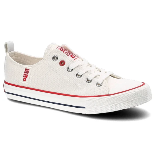 Zdjęcie produktu Trampki unisex Big Star, z wiązaniem tekstylną cholewką wzmocnionym noskiem oraz płaską gumową podeszwą, biało-czerwone, JJ274123
