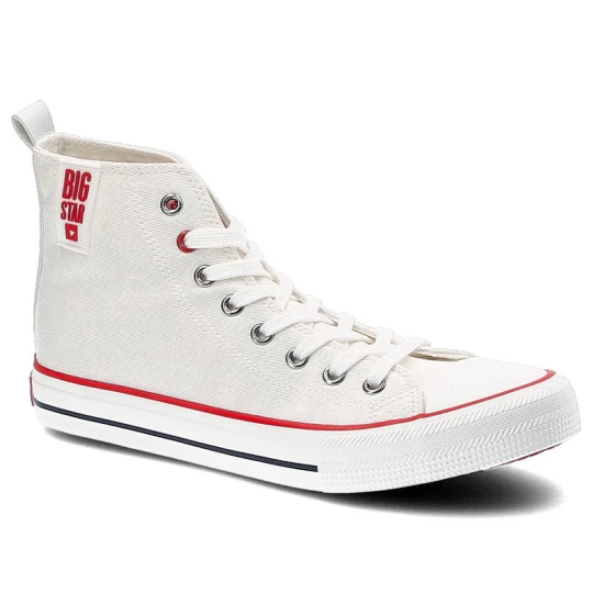 Zdjęcie produktu Trampki unisex Big Star, sznurowany wykonany z materiału z naszywanym logo na cholewce gumowy nosek oraz podeszwa metalowe przelotki i kontrastowe sz biały