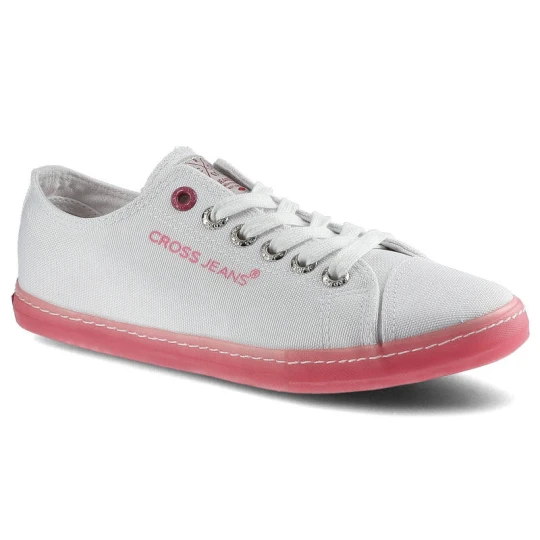 Zdjęcie produktu Trampki damskie Cross Jeans, z materiału tekstylnego o drobnym splocie z klasycznym sznurowaniem gumowym noskiem oraz płaską podeszwą z kontrastowym biały