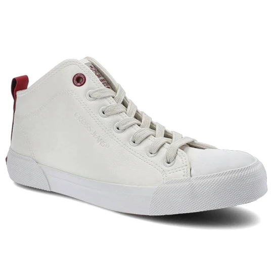 Zdjęcie produktu Trampki damskie Cross Jeans, wysokiej jakości materiał syntetyczny z gładką podwyższoną cholewką klasycznym sznurowaniem oraz stabilną grubszą podesz biały