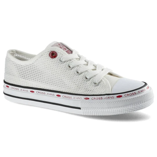 Zdjęcie produktu Trampki damskie Cross Jeans, z przewiewnego materiału tekstylnego o siatkowej strukturze z klasycznym sznurowaniem gumowym noskiem oraz płaską podesz biały