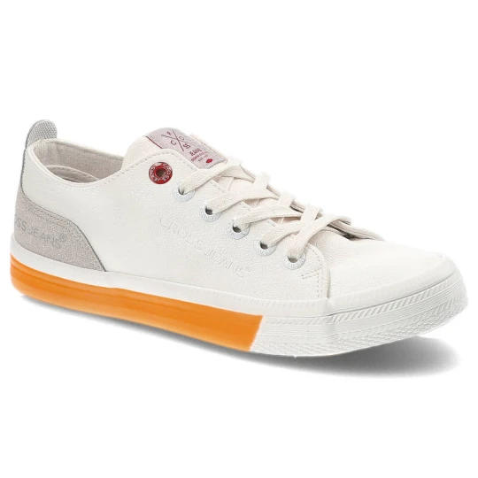 Zdjęcie produktu Trampki damskie Cross Jeans, z materiału syntetycznego z klasycznym sznurowaniem kontrastowymi wstawkami kolorystycznym, biało-pomarańczowe, FF2R4043