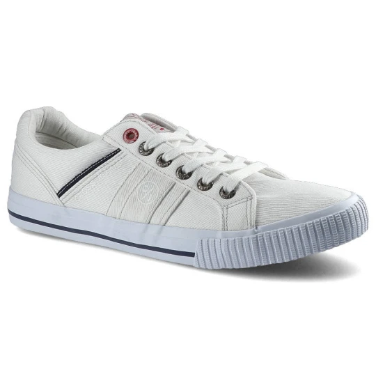Zdjęcie produktu Trampki damskie Cross Jeans, z materiałową cholewką wiązaniem na oczka przeszywanymi panelami i elastyczną podeszwą, białe, FF1R4047C