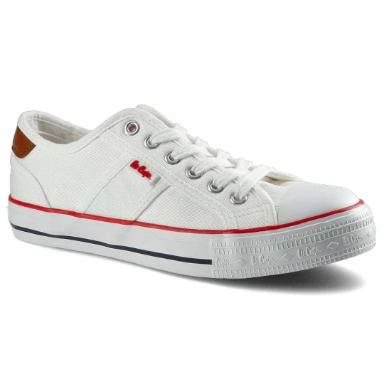 Zdjęcie produktu Trampki damskie Lee Cooper, znurowany fason cholewka tekstylna płócienna niska cholewka przed kostkę gumowy nosek ochronny płaska elastyczna podeszwa biały