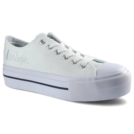 Zdjęcie produktu Trampki damskie Lee Cooper, sznurowany fason cholewka tekstylna płócienna niska cholewka przed kostkę gruba platformowa podeszwa gumowy nosek ochronn biały