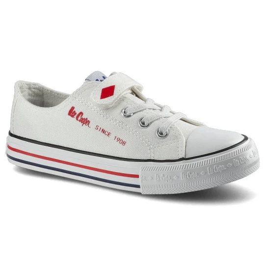 Zdjęcie produktu Trampki damskie Lee Cooper, sznurowany fason cholewka tekstylna płócienna niska cholewka przed kostkę gumowy nosek ochronny płaska elastyczna podeszw biały