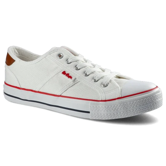 Zdjęcie produktu Trampki damskie Lee Cooper, znurowany fason cholewka tekstylna płócienna niska cholewka przed kostkę gumowy nosek ochronny płaska elastyczna podeszwa biały