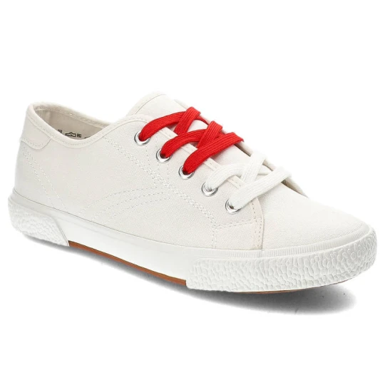 Zdjęcie produktu Trampki damskie Tamaris, materiał tekstylny z klasycznym sznurowaniem z kontrastowym akcentem oraz gumową podeszwą, białe, 1-23610-28-100