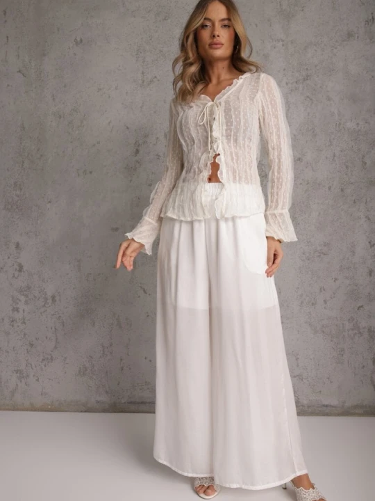 Zdjęcie produktu Białe Wiskozowe Spodnie Szerokie High Waist Rissalene Bludeise