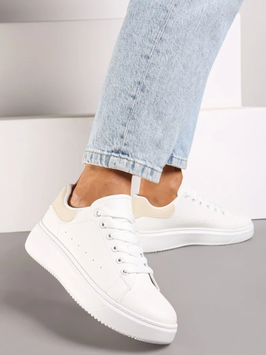 Zdjęcie produktu Biało-Beżowe Casualowe Sneakersy na Platformie ze Sznurowaniem Tialorae