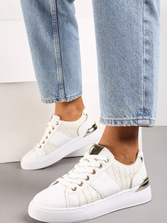 Zdjęcie produktu Biało-Beżowe Sneakersy na Grubej Podeszwie z Plecioną Wstawką i Błyszczącymi Detalami Issla