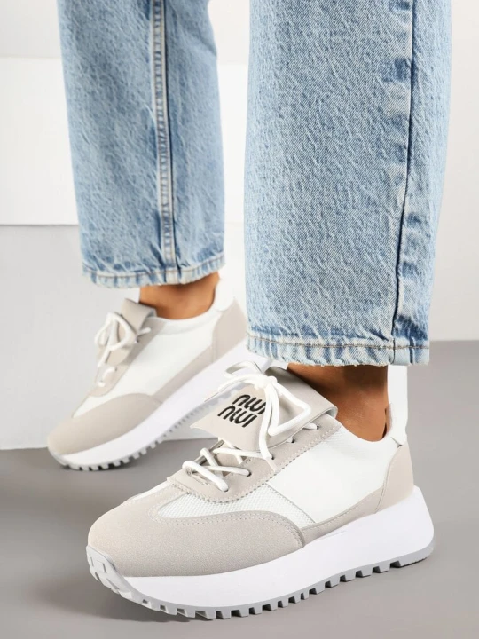 Zdjęcie produktu Biało-Beżowe Sneakersy na Platformie z Geometrycznym Wzorem Aluina Givana