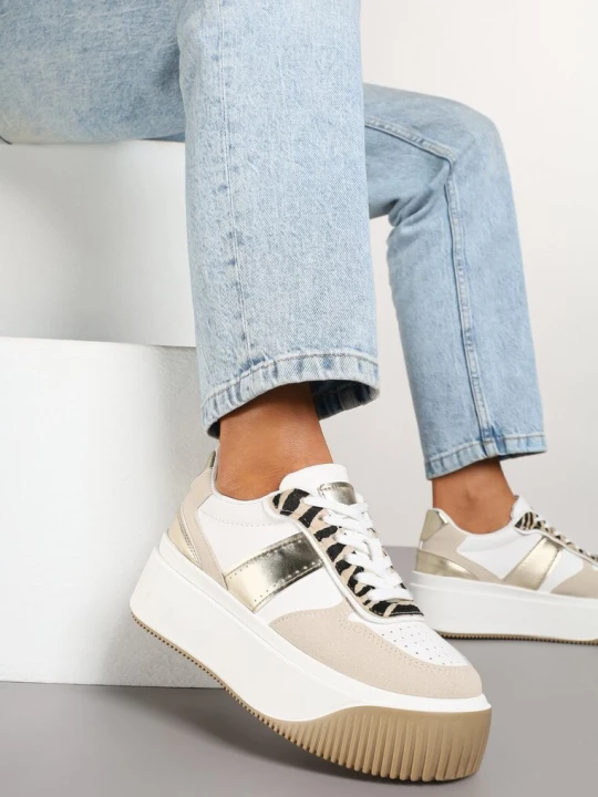 Zdjęcie produktu Biało-Beżowe Sneakersy na Platformie z Metalicznym Zdobieniem i Printem w Zebrę Fonarien