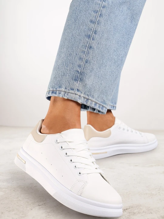 Zdjęcie produktu Biało-Beżowe Sneakersy Sznurowane na Płaskiej Podeszwie Azih