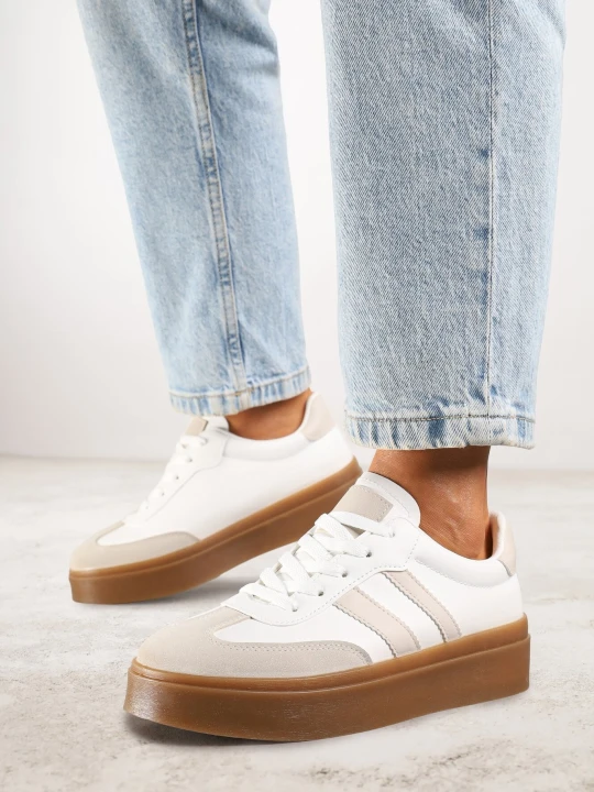 Zdjęcie produktu Biało-Beżowe Sneakersy w Stylu Tenisówek z Paskami Nilomira Via Giulia