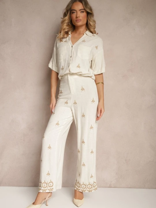 Zdjęcie produktu Biało-Beżowe Spodnie z Wiskozą i Lnem High Waist o Szerokim Kroju z Haftami Olerina Melya By Melody